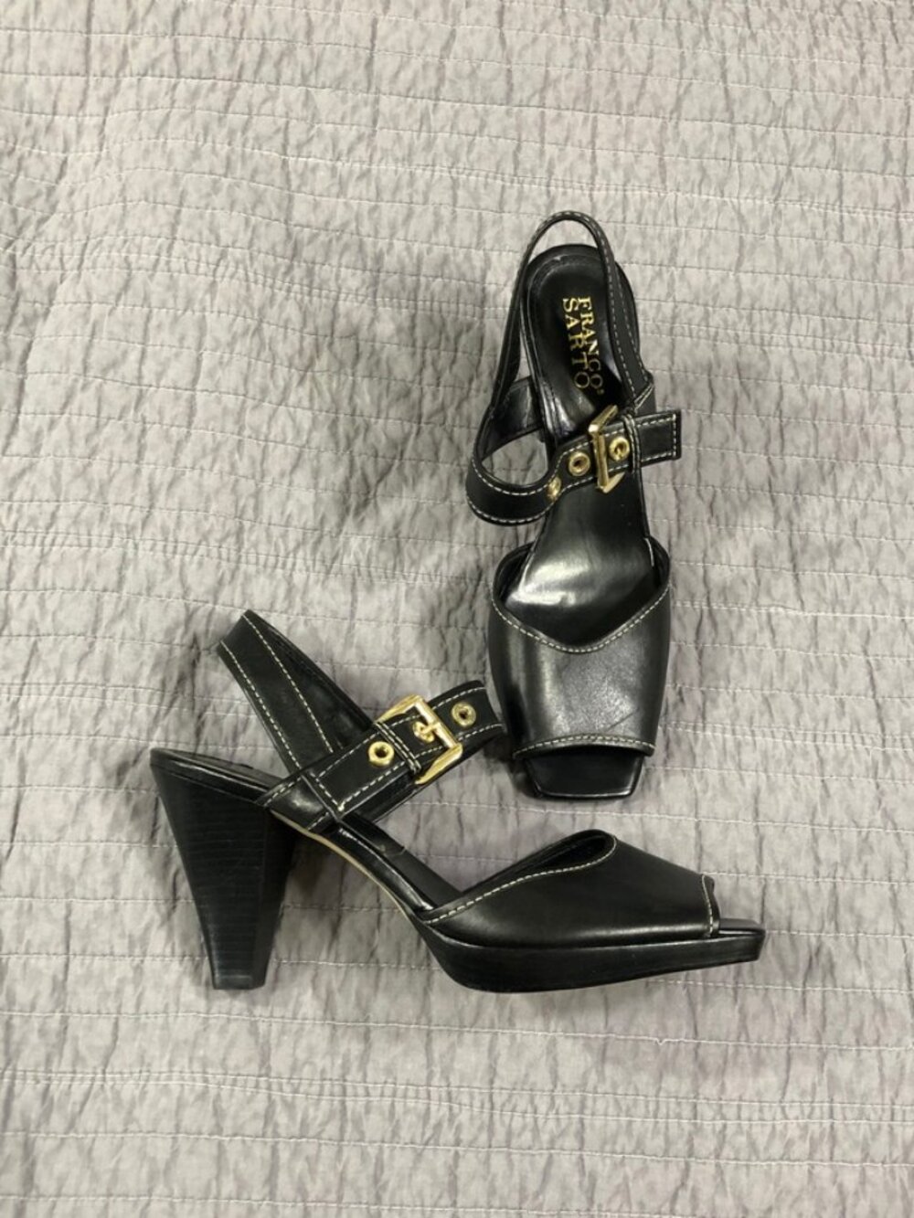 Franco Sarto Heels Black Leather 9 Tapered Block Heel Slingback Sandals Peep Toe